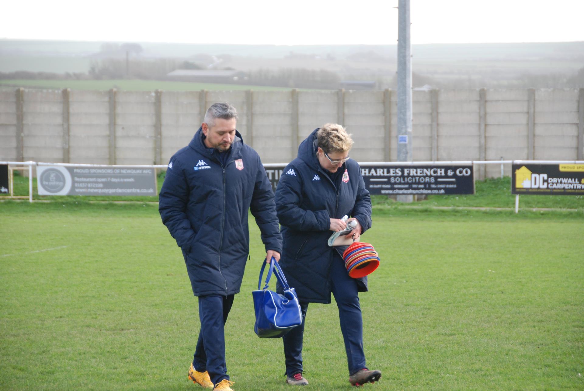 Newquay Ladies first team manager Lucie Beesley and coach Joe Betts at Mount Wise